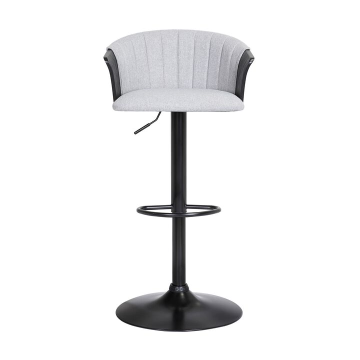Liz 24-33 Inch Adjustable Height Swivel Barstool Chair, Light Gray Fabric - Benzara