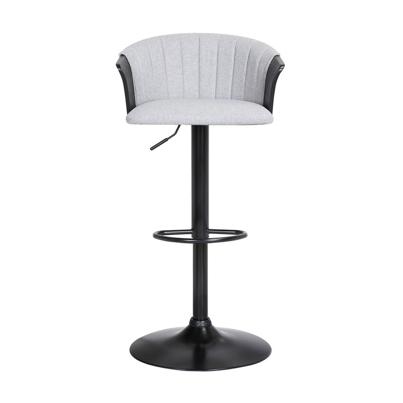 Liz 24-33 Inch Adjustable Height Swivel Barstool Chair, Light Gray Fabric - Benzara