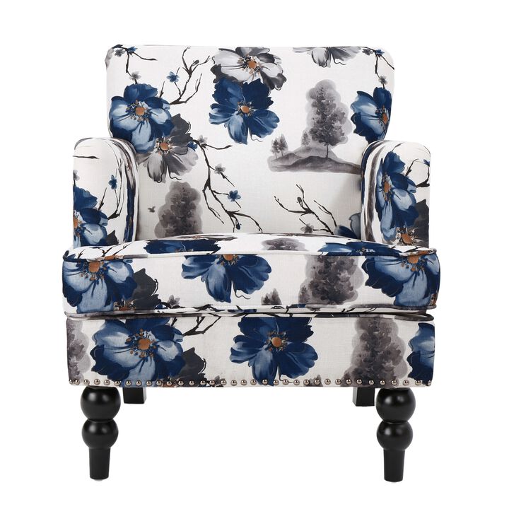 Lit Accent Chair, Button Tufted Floral White Blue Print, Multicolor - Benzara