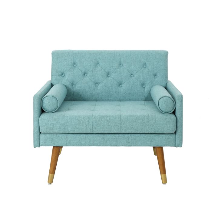 Lita Wide Accent Club Chair, Button Tufted, Light Blue Textured Fabric - Benzara