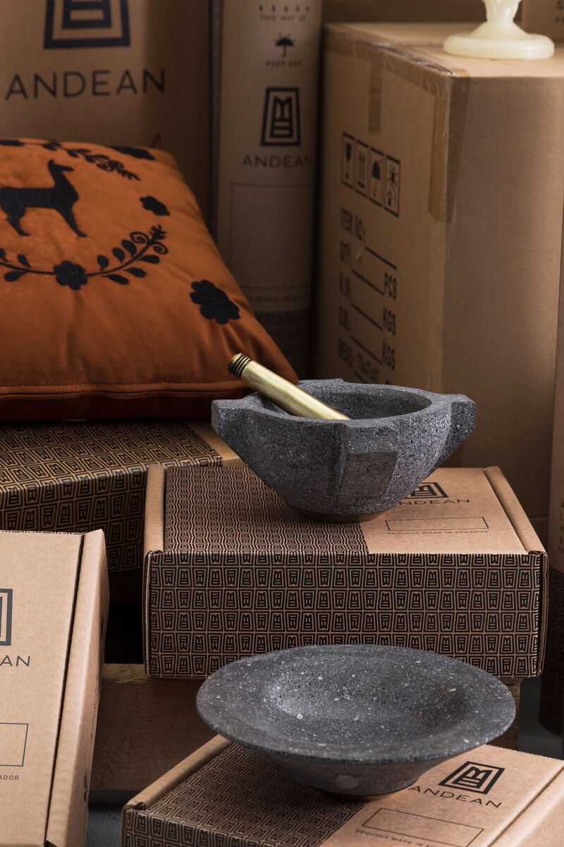 MORTERO Decorative Volcanic Stone Bowl with Aged Bronze Details by ANDEAN, In Stock