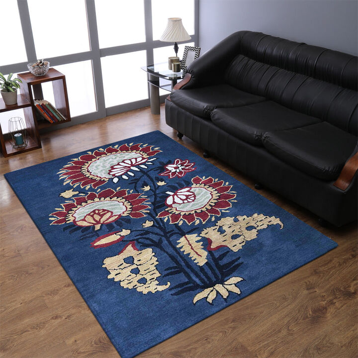 RUGSOTIC CARPETS HAND TUFTED WOOL ECO-FRIENDLY AREA RUGS  - 5'x8', Rectangle Shape, Charcoal, Floral Modern Design, High Pile Thick Handmade Anti Skid Area Rugs for Living Room, Bed Room (K03069)