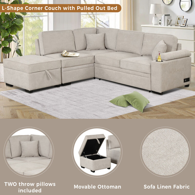 87.4" Sleeper Sofa Bed, 2 In 1 Pull Out Sofa Bed L Shaped Couch With Storage Ottoman
