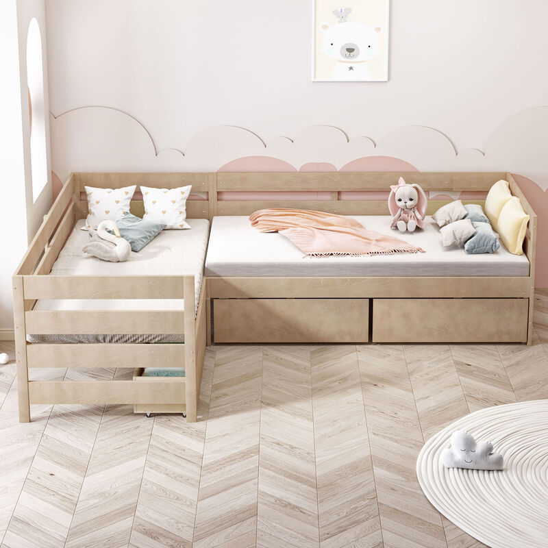 Merax L-shaped Platform Bed with 3 Storage Drawers