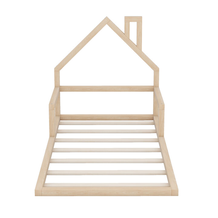 Merax Wood Floor Bed with House-shaped Headboard
