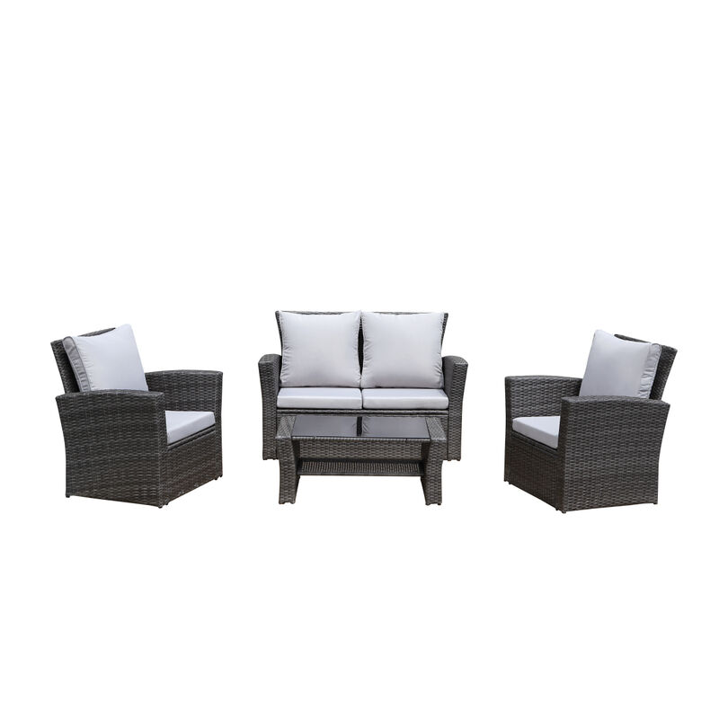4-Pieces PE Rattan Wicker Outdoor Patio Furniture Set With Grey Cushions