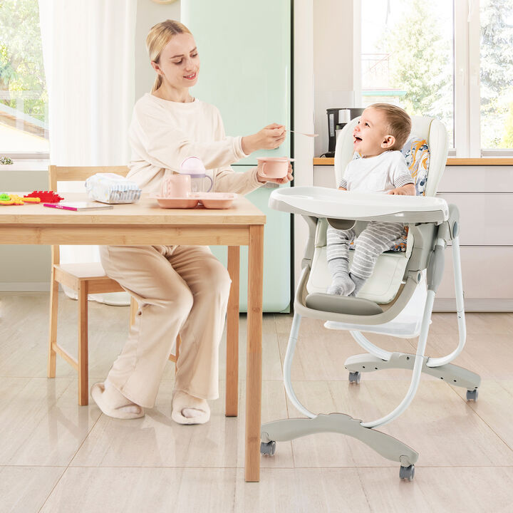 Multifunctional Folding Baby High Chair with Rolling Wheels and Adjustable Height