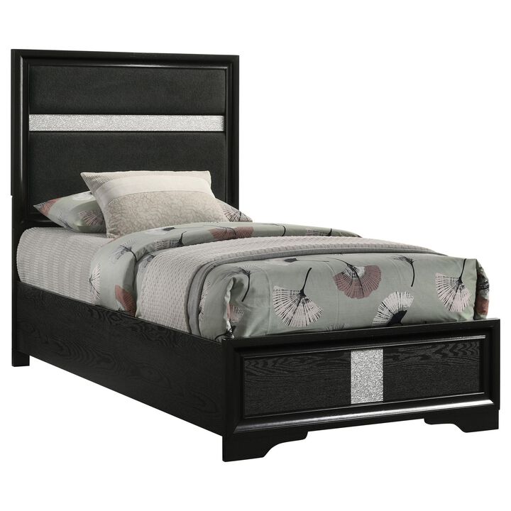 Vino Twin Size Bed, Panel Headboard, Black Upholstery, Glitter Stripes - Benzara