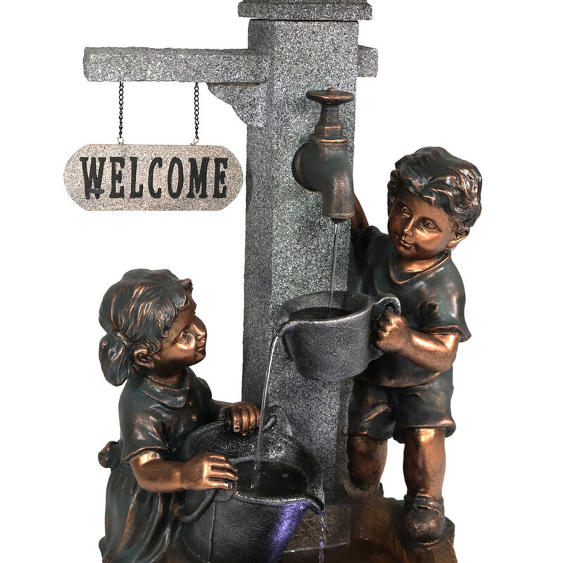 Sunnydaze Children Playing at Faucet Water Fountain with LED Lights - 40 in