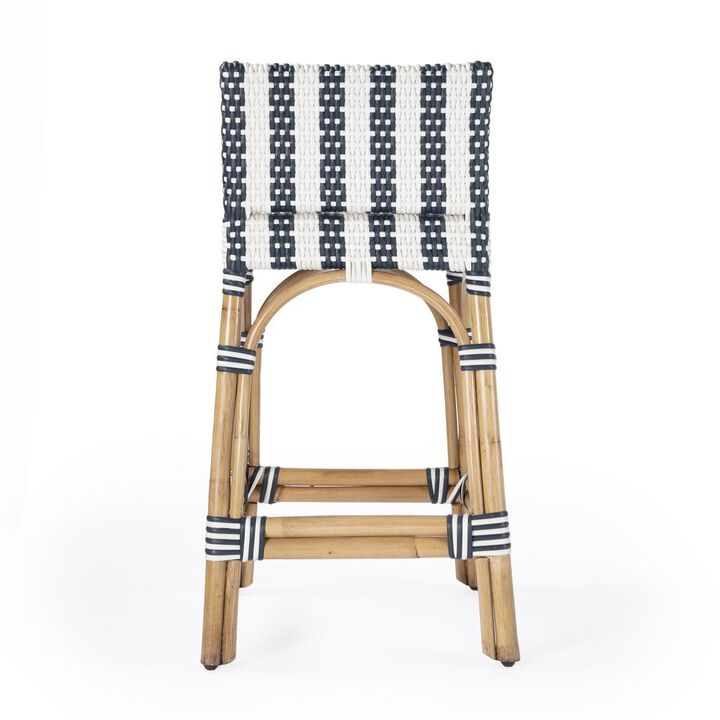 Butler Specialty Rectangular Rattan Low Back 24.5Counter Stool, White and Navy Stripe