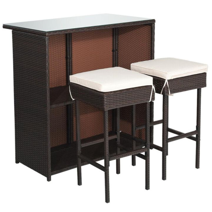 Hivvago 3 Pieces Outdoor Rattan Wicker Bar Set with 2 Cushions Stools