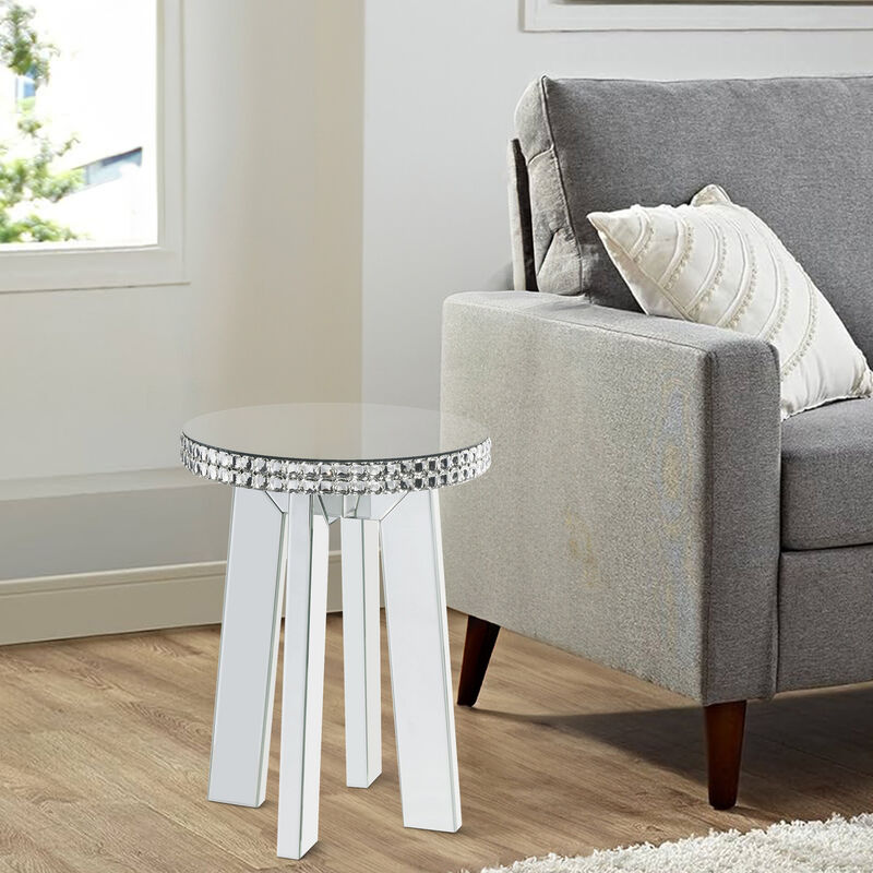 Round Mirror Panel Inlay End Table with Faux Crystals Accents, Silver-Benzara