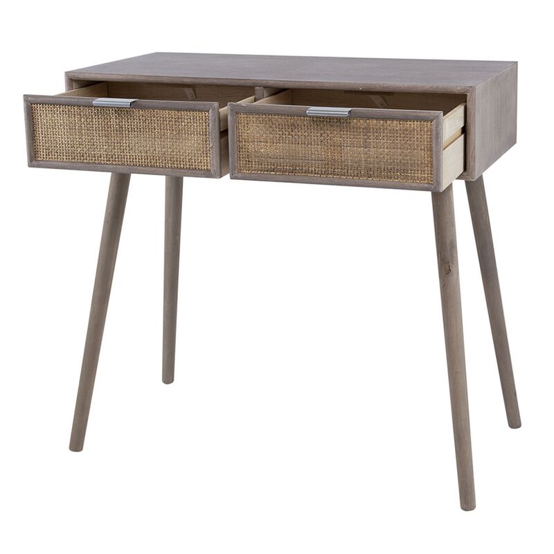 Pia 31 Inch Console Table, Pine Wood, 2 Drawer, Woven Rattan, Rustic Brown-Benzara