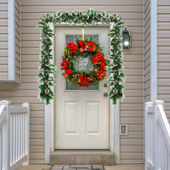 Hivvago 9 Feet Pre-lit Snow Flocked Tips Christmas Garland with Red Berries