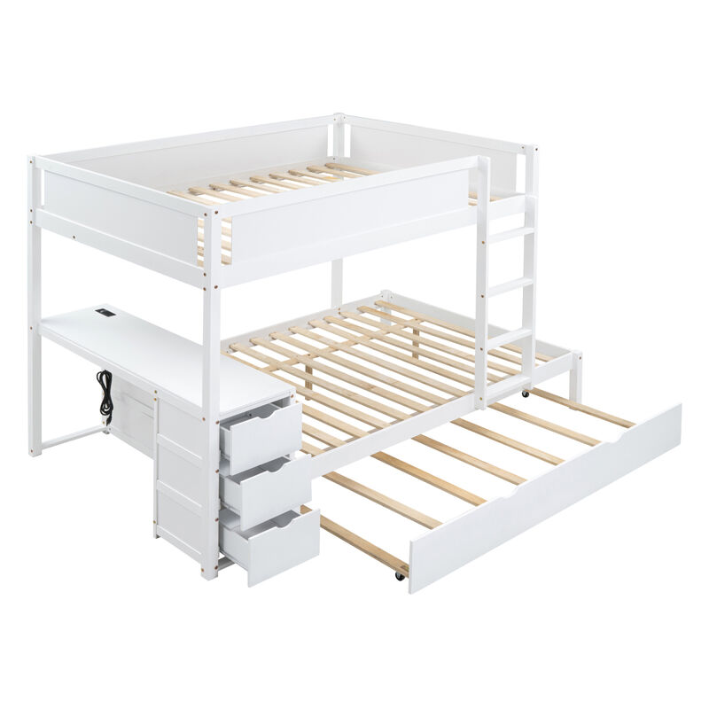Full Over Full Bunk Bed With Twin Size Trundle, Storage And Desk, White
