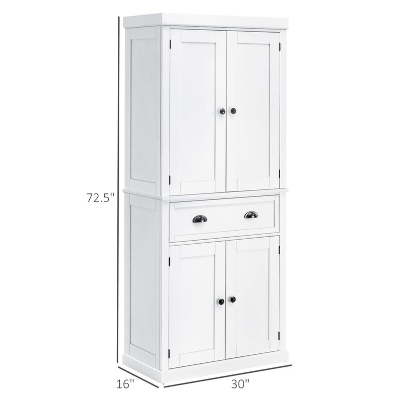 72" White Kitchen Pantry: Freestanding, Shelved Storage