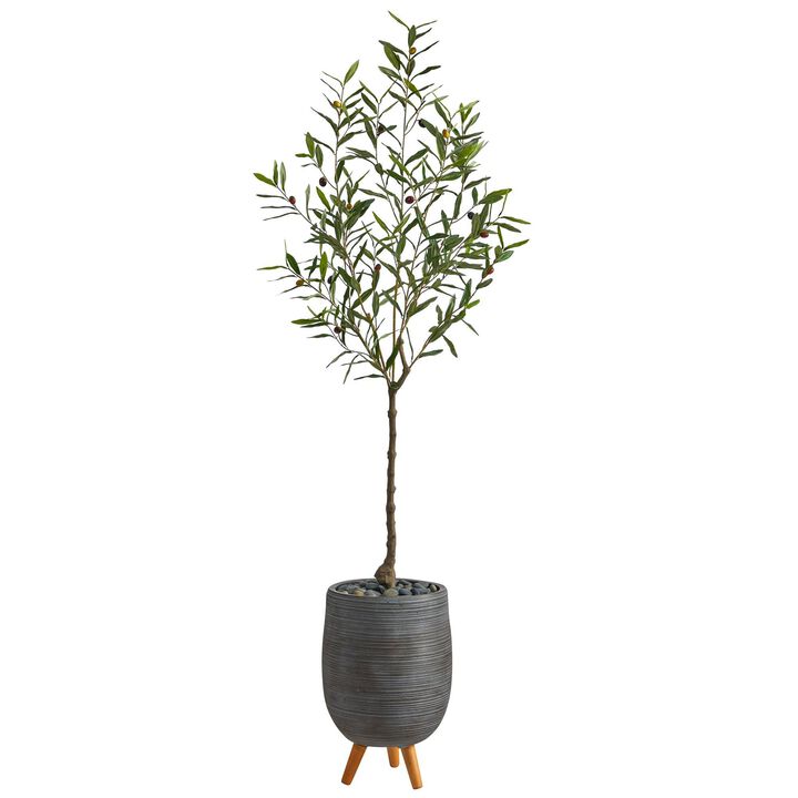 Nearly Natural 70-in Olive Artificial Tree in Gray Planter with Stand Nearly Natural 70-in Olive Artificial Tree in Gray Planter with Stand