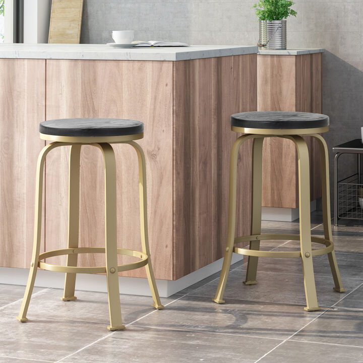 Modern Industrial Swivel Counter Stool with Faux Wood Seat