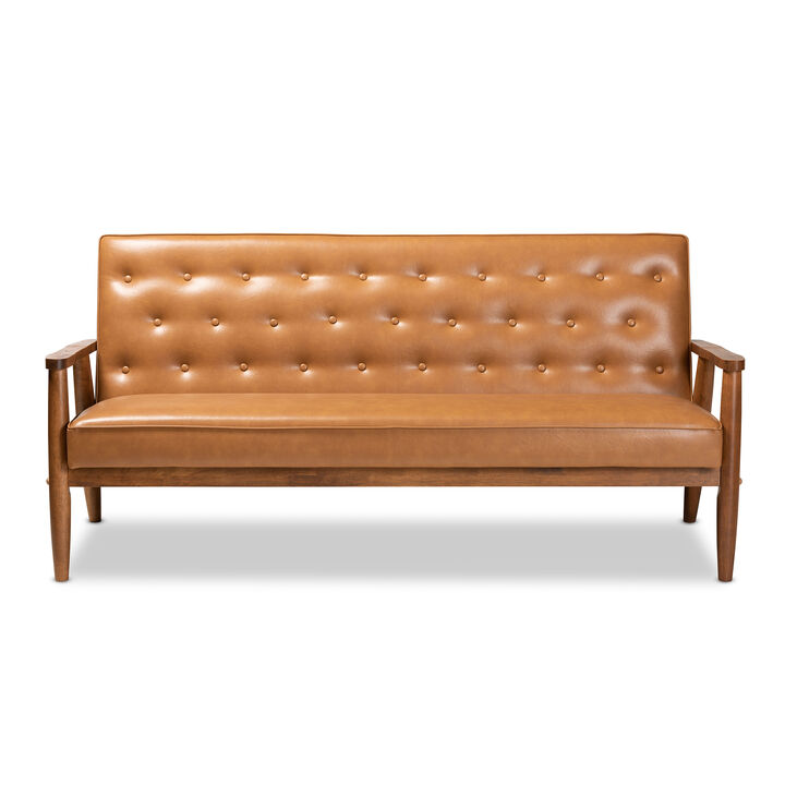 Baxton Studio Sorrento Mid Century Tan Faux Leather Upholstered Wood Sofa
