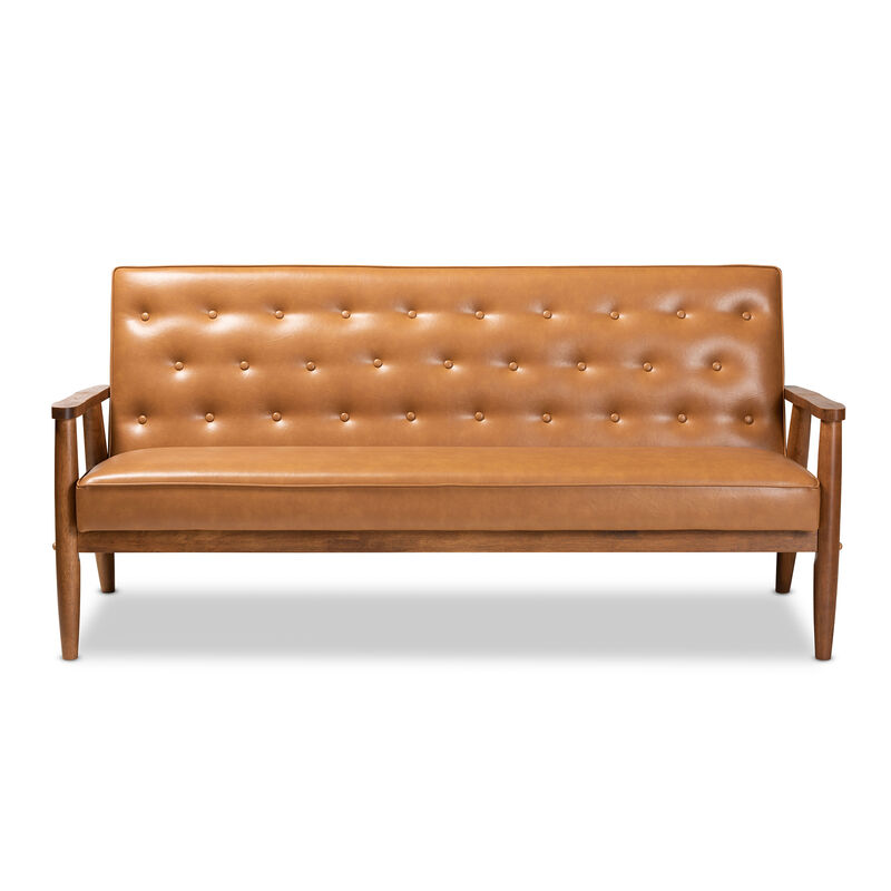Baxton Studio Sorrento Mid Century Tan Faux Leather Upholstered Wood Sofa