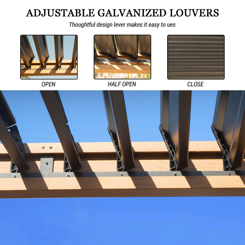 MONDAWE 10X20FT Outdoor Wood Looking Louvered Pergola Wood Grain Aluminum Pergola with Adjustable Roof for Patio, Deck, Garden
