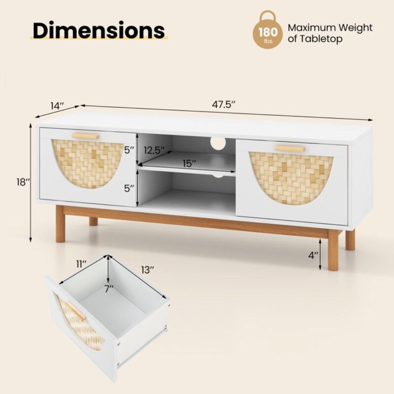 Hivvago Mid Century Modern TV Stand Entertainment Center for 55-Inch TV with 2 Drawers and Bamboo Woven Fronts-White