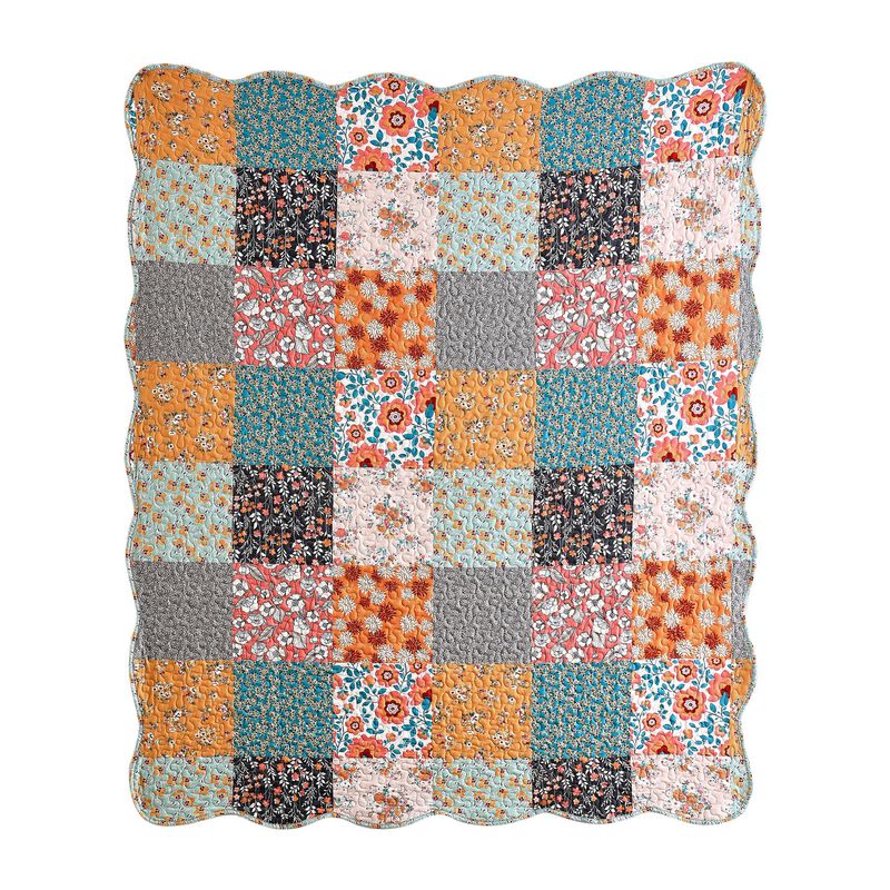 Turin 60 Inch Throw Blanket, Microfiber, Patchwork Floral Print, Multicolor-Benzara