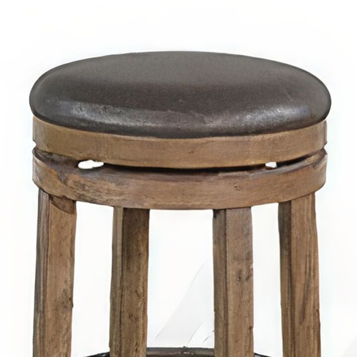 Yael Swivel Counter Stool Set of 2, Gray Faux Leather, Brown, Black - Benzara