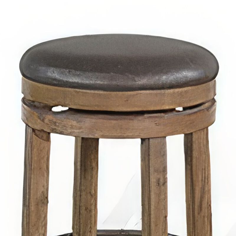 Yael Swivel Counter Stool Set of 2, Gray Faux Leather, Brown, Black - Benzara