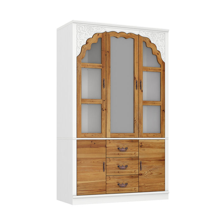75.7 in. H Paint Finish Wooden Accent Storage Cabinet in Brown and White, Rustic Style, With Mirror Doors and Drawer