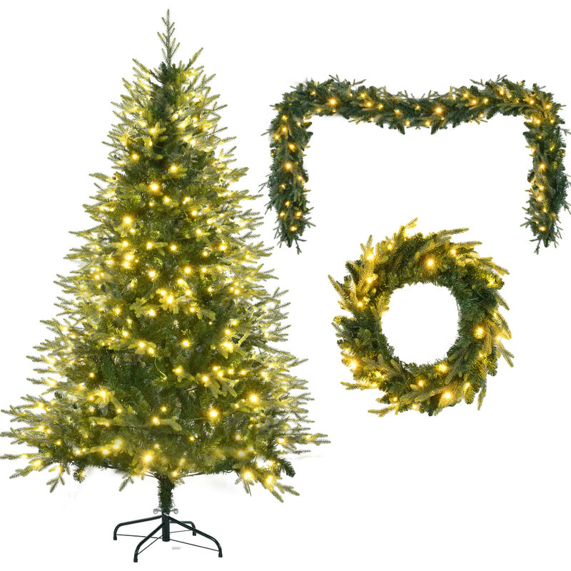 Artificial Christmas Tree with Wreath & Garland Grass Green Xmas Tree with 380 Multi-Color LED Lights