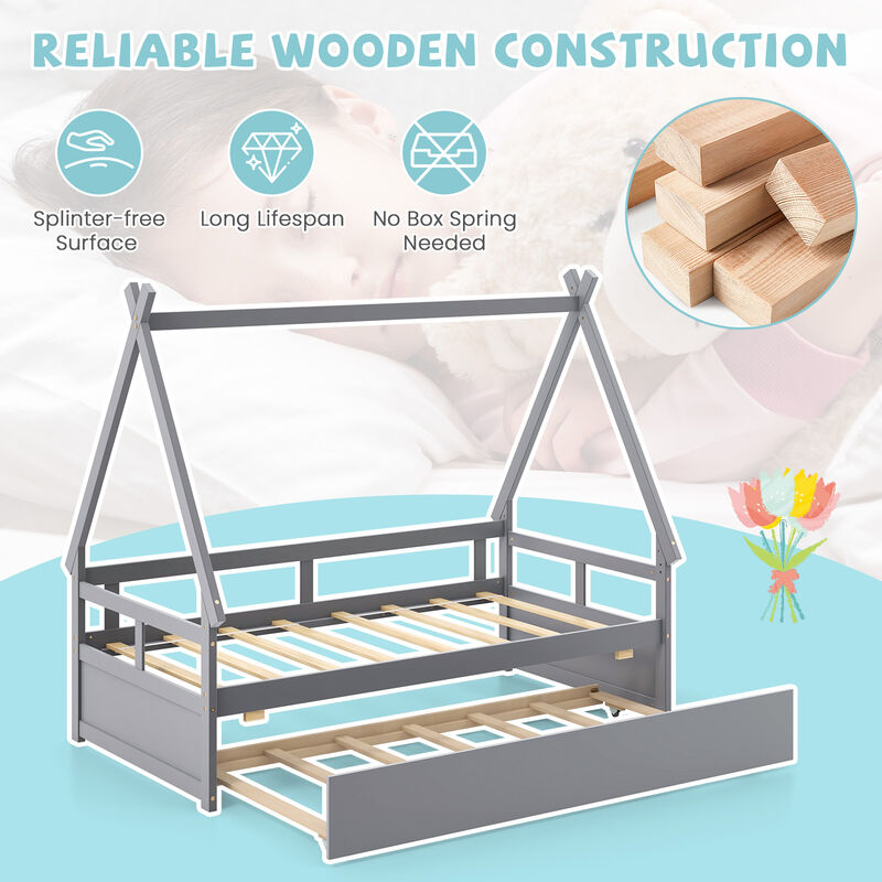 House Bed with Trundle and Safety Guardrail