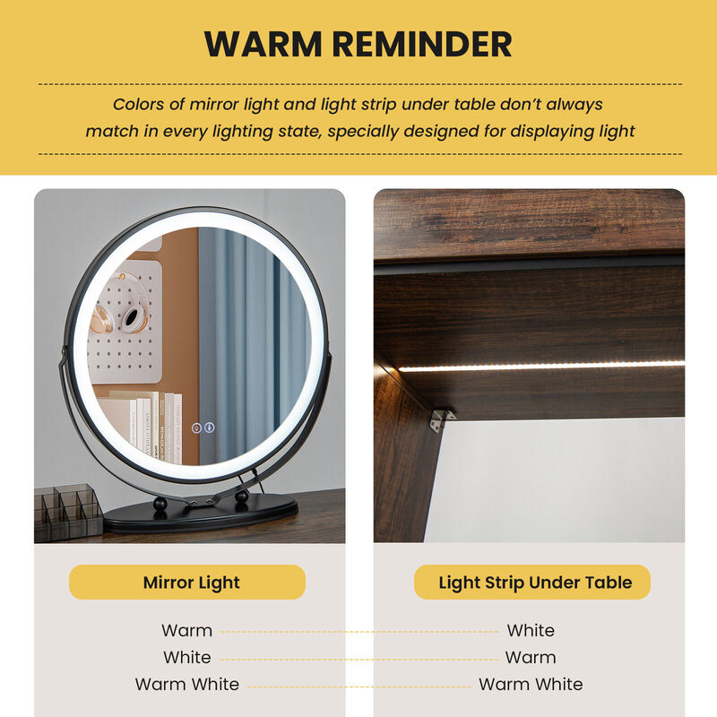 Vanity Table Set with 3-Color Lighted Mirror and Charging Station