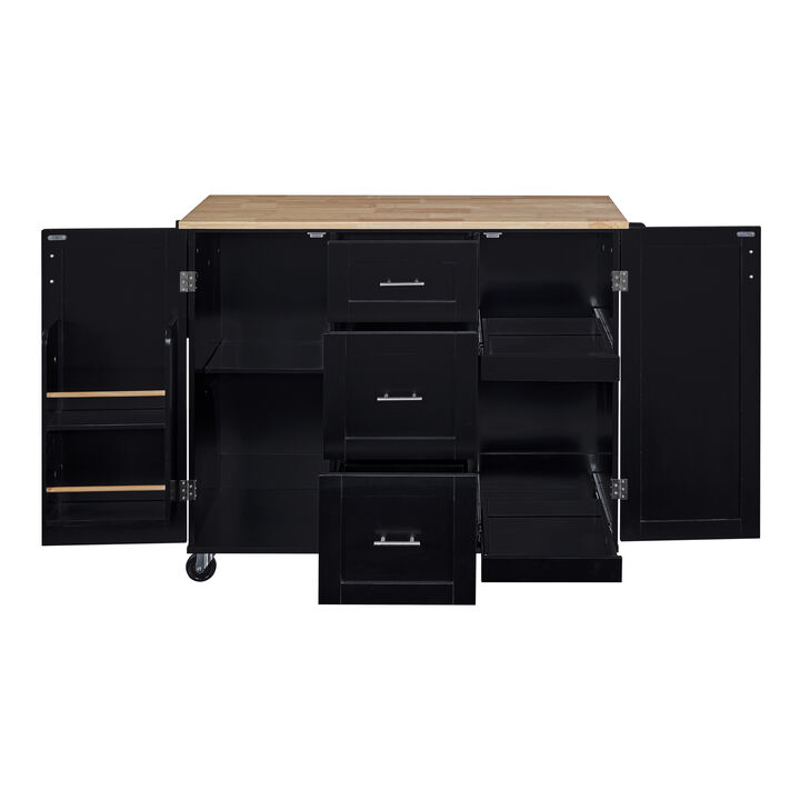 Rolling Kitchen Island with Storage, Kitchen Cart with Rubber Wood Top, 3 Drawer, 2 Slide-Out Shelf and Internal Storage Rack, Kitchen Island on Wheels with Spice Rack & Tower Rack