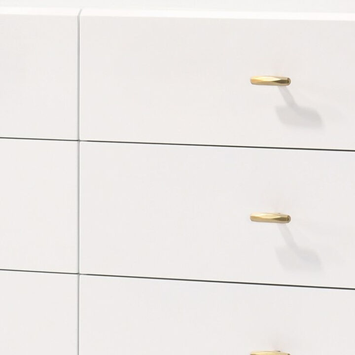 6 Drawer Wooden Dresser with Metal Hairpin Legs, White and Gold - Benzara