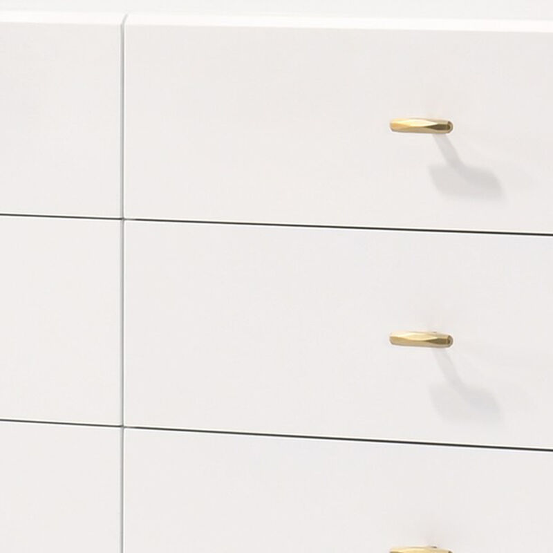 6 Drawer Wooden Dresser with Metal Hairpin Legs, White and Gold - Benzara