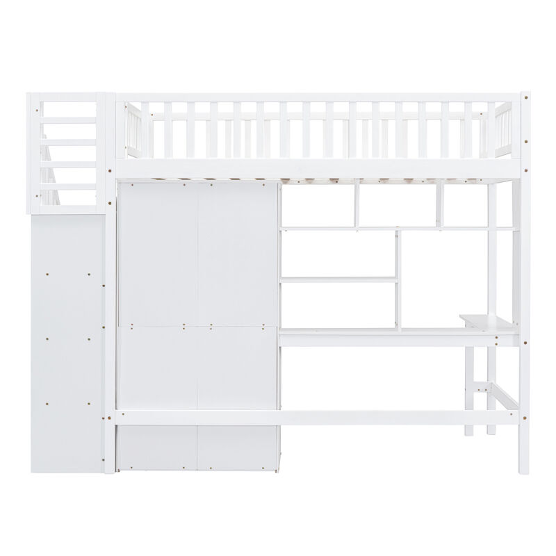 Twin Size Loft Bed With Bookshelf, Drawers, Desk, And Wardrobe White