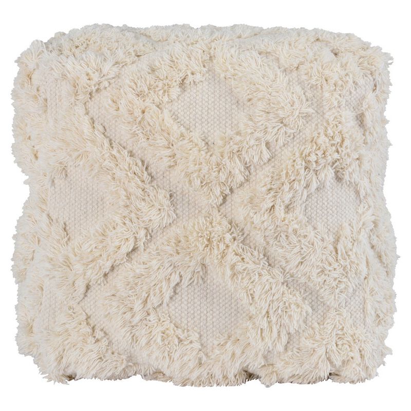 24 Inch Cotton Accent Pouf, Handwoven Textured Geometric Shag, Off White-Benzara