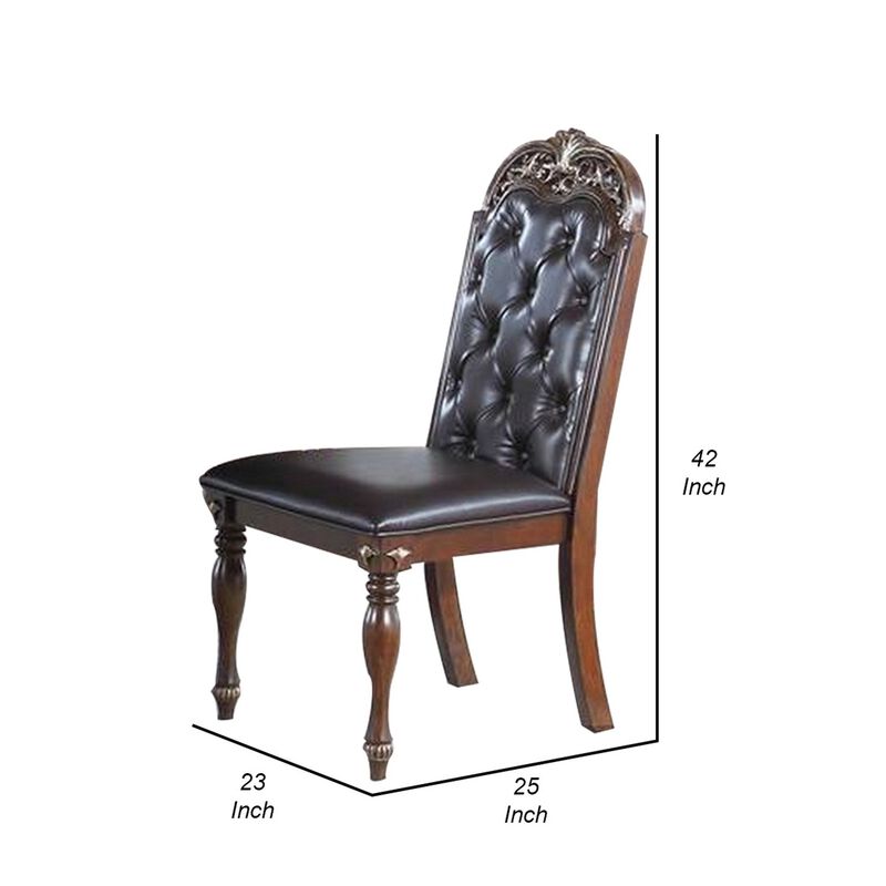 Kipp 25 Inch Set of 2 Armless Dining Chairs, Brown Wood, Black Faux Leather-Benzara