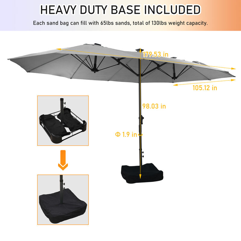 MONDAWE 15ft Twin Double-Sided Solar LED Patio Market Umbrella with Included Base Stand