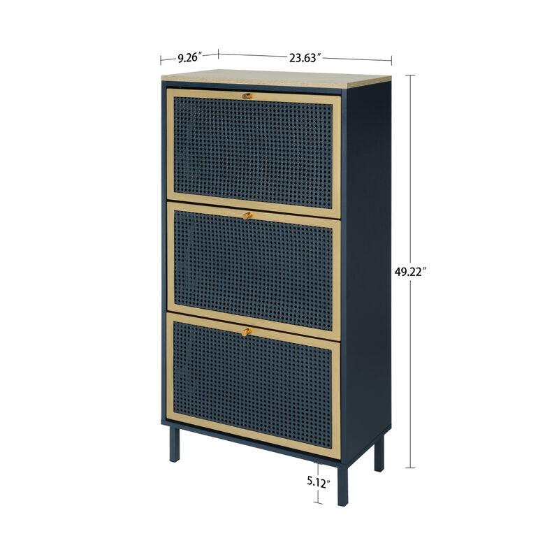 3 Metal Door Shoe Rack, Freestanding Modern Shoe Storage Cabinet, Metal Rattan, For Entryway