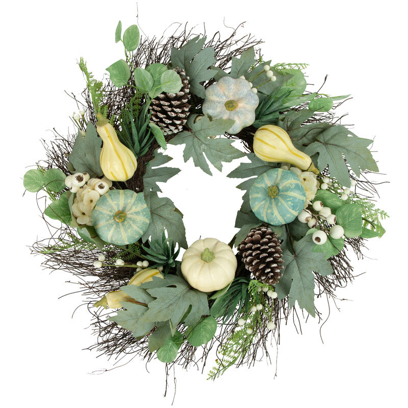 Green and White Pumpkins with Berries Artificial Fall Harvest Wreath  22-Inch  Unlit
