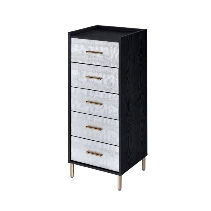 San 45 Inch 5 Drawer Jewelry Storage Chest, Gold Legs, Black and Silver-Benzara