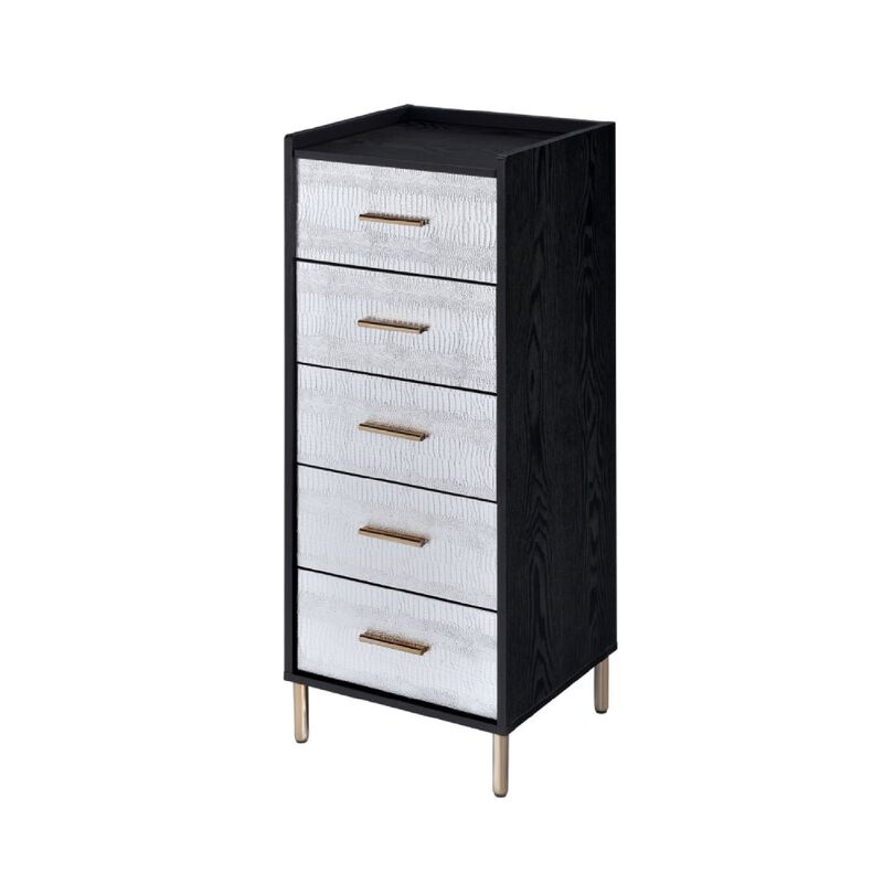San 45 Inch 5 Drawer Jewelry Storage Chest, Gold Legs, Black and Silver-Benzara