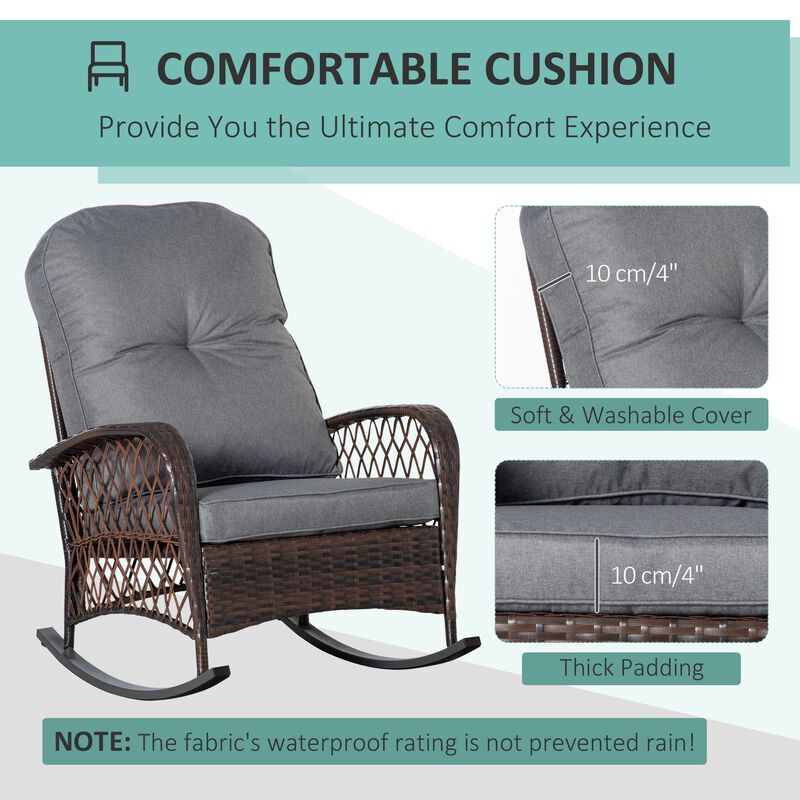 Gray Garden Rocker: Patio Wicker Chair with Thick Cushions