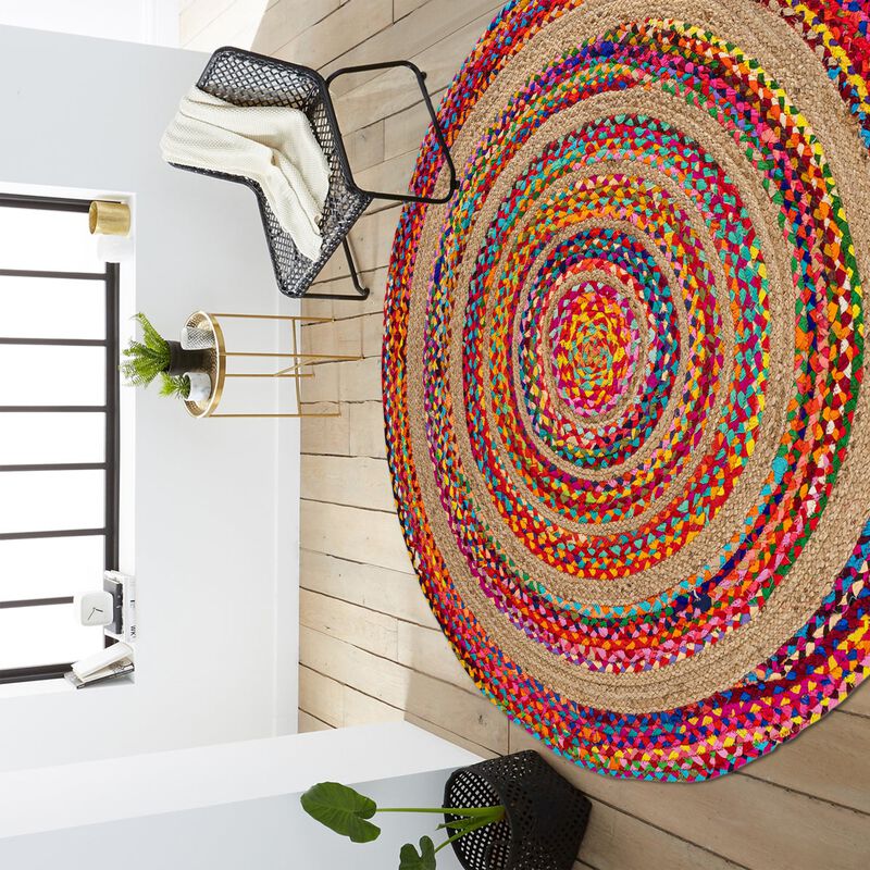 Isla Round Boho Braided Rag & Jute Multi/Natural Round Area Rug