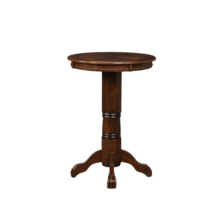 Ava 42 Inch Wood Pub Bar Table, Sunburst Design, Carved Pedestal, Cappuccino-Benzara
