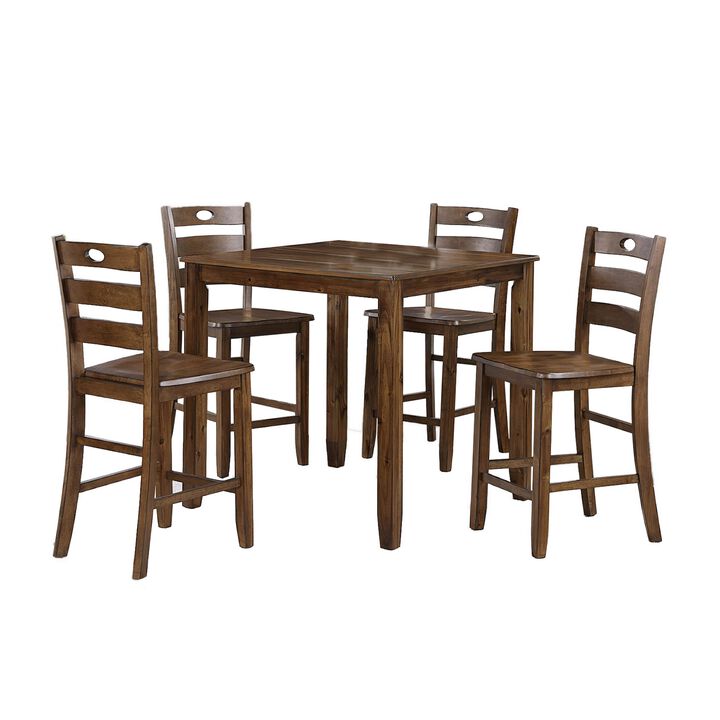 Timothy 5 Piece Counter Height Dining Table and Chairs, Square, Brown Wood - Benzara