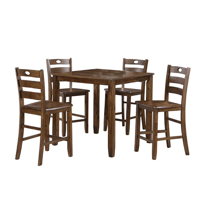 Timothy 5 Piece Counter Height Dining Table and Chairs, Square, Brown Wood - Benzara