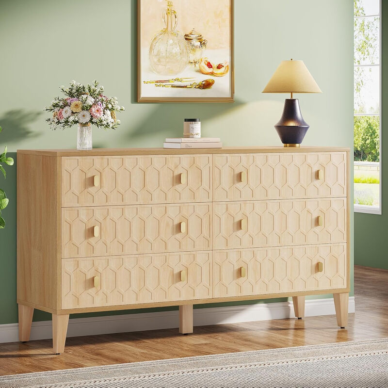 55-Inch Chest Of Drawers, Wood 6-Drawer Double Wide Dresser With Solid Wooden Legs, Large Dresser Chest Cabinet For Closet, Living Room, Entryway